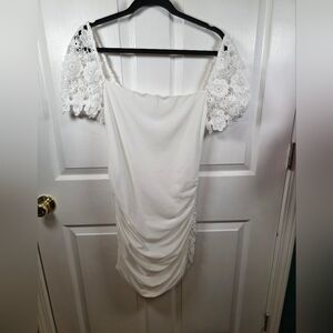 Lucy in the Sky White Ruched Dress XL Lace Sleeve Bridal Shower Party